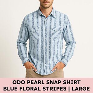 ODO Western Pearl Snap Cotton Shirt Floral Stripe Pattern Large Blue 90s Vintage
